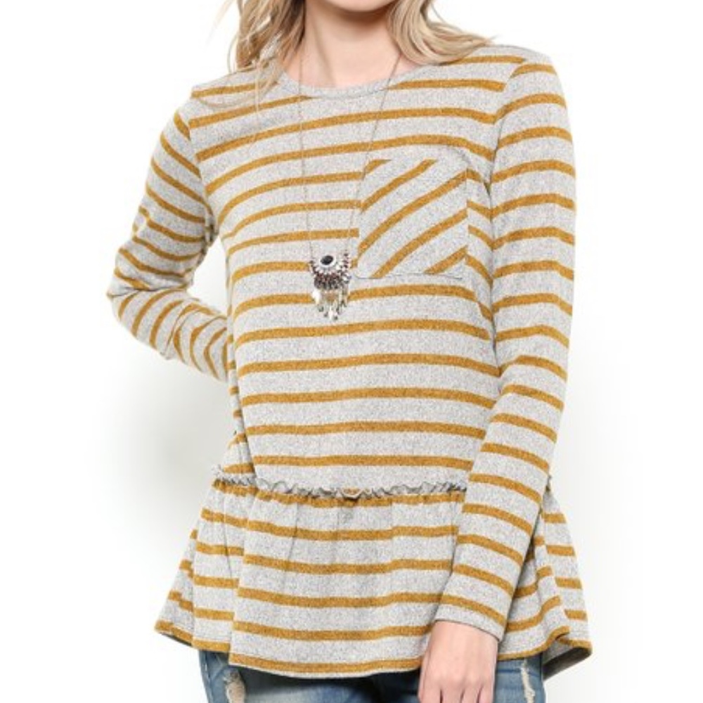 Mustard & Gray Stripe Ruffle-Hem Top - Women